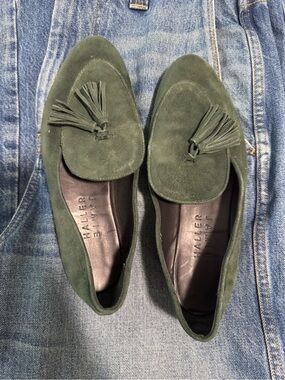 RARE Jamie Haller Green Suede Belgian Tassel Loafers